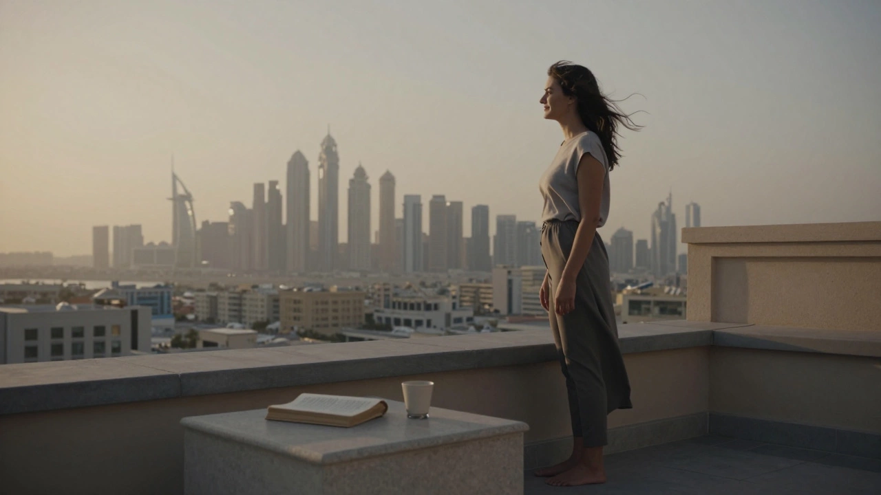 A woman standing barefoot on a Dubai rooftop at sunset, gazing at the city skyline.